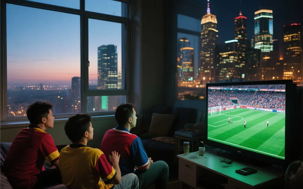 球迷在不同城市不同时间观看世界杯的对比场景，跨时区氛围