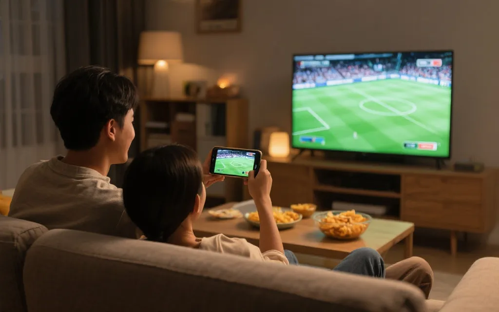 手机投屏到电视观看足球比赛，桌上有零食与遥控器，温馨客厅氛围